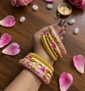 Acrylic bur dhal chura with gold polish aanwla & emboss painting